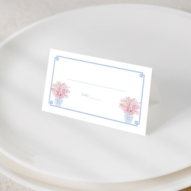 Carte De Placement Dîner de répétition Pretty Pink And Blue Chinoiser (Preppy pink and pale blue place cards with greek key print reverse, ginger jars and cherry blossom)