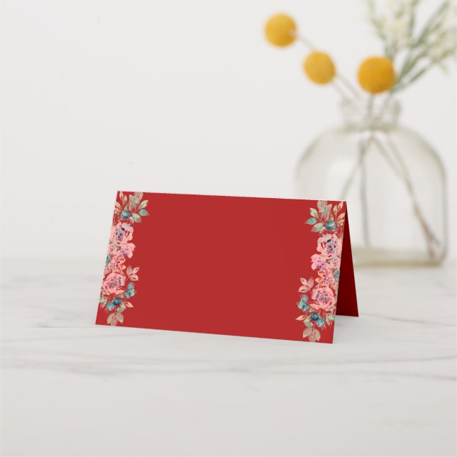 Carte De Placement Double bonheur chinois rouge, mariage floral rusti (Devant)