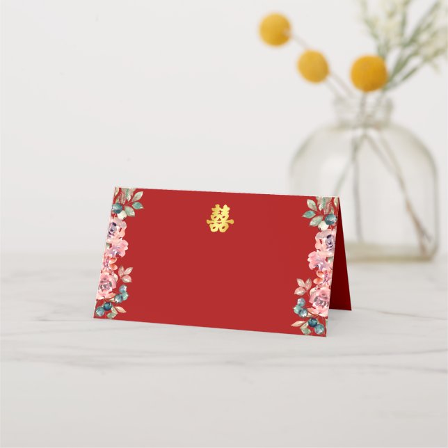 Carte De Placement Double bonheur chinois rouge, mariage floral rusti (Devant)
