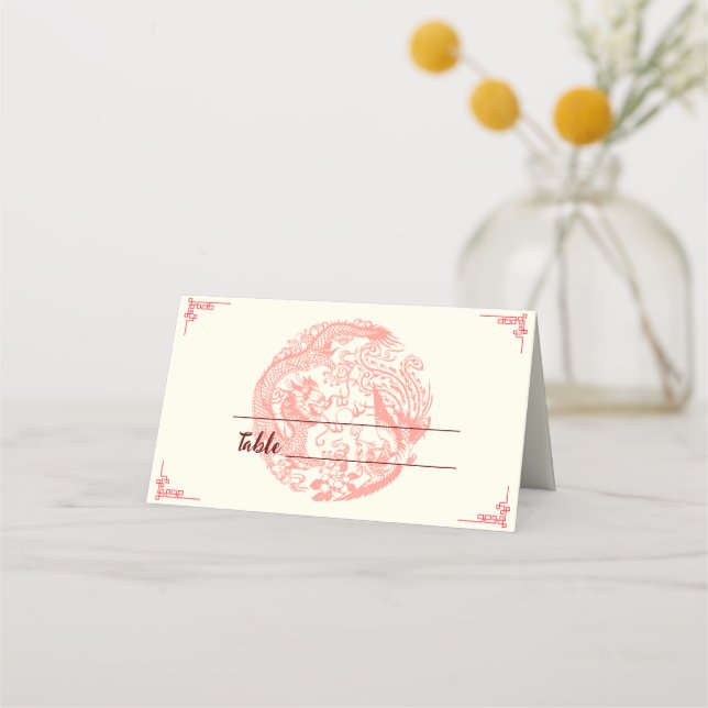 Carte De Placement Dragon et Phoenix mariage chinois beige rouge (Devant)