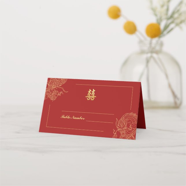 Carte De Placement Dragon Phoenix traditionnel Mariage chinois rouge  (Devant)