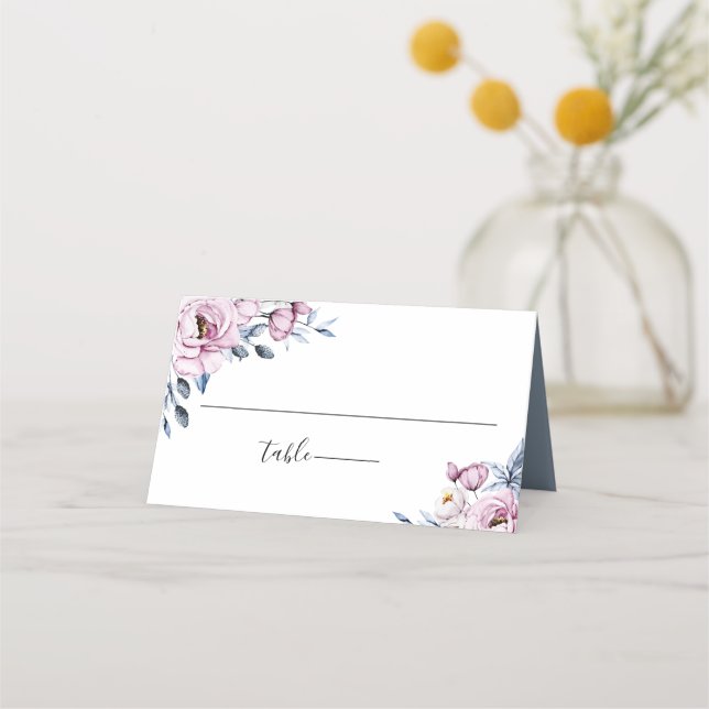 Carte De Placement Dusty Blue Mauve Botanique Floral Mariage (Devant)