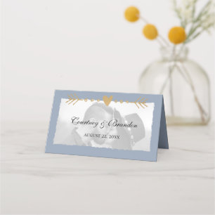 Carte De Placement Dusty Blue Modern Photo Gold Hearts Mariage