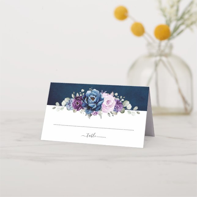 Carte De Placement Dusty Blue Purple Navy Lilac Blooms Mariage Place (Devant)