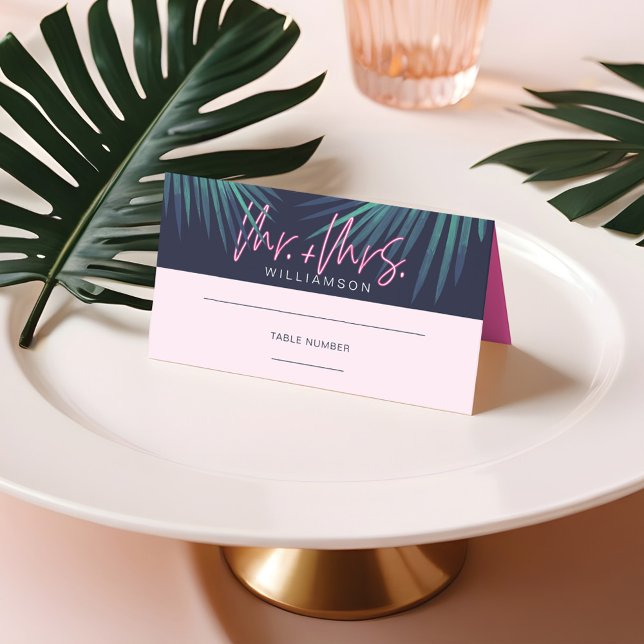 Carte De Placement Electric Love Neon rose Tropical Mariage rétro (Electric Love Neon Pink Tropical Retro Wedding Place Card)