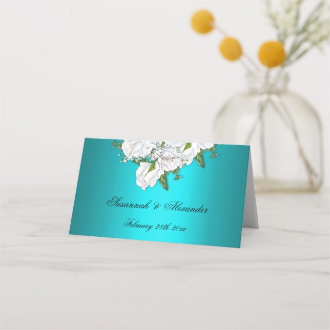 Carte De Placement Elégance Turquoise et Mariage Roses Blanches (Dos)