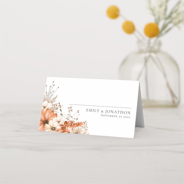 Carte De Placement Élégant automne Floral Bouquet Noms Date Mariage (Devant)