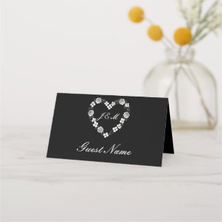 Carte De Placement Elegant Black Floral Heart Wedding Place Card