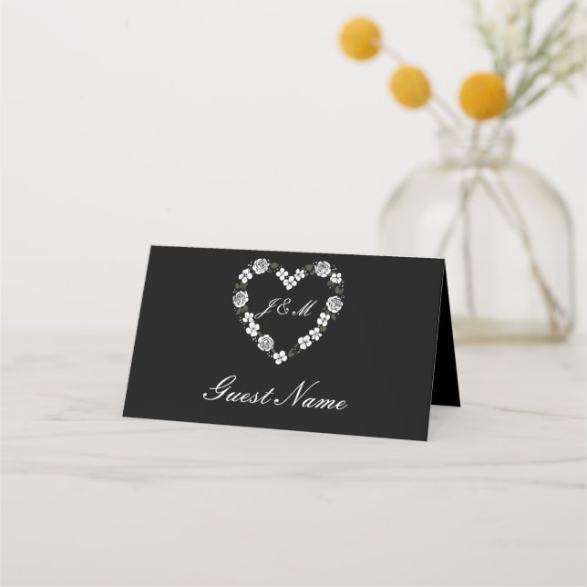 Carte De Placement Elegant Black Floral Heart Wedding Place Card (Devant)