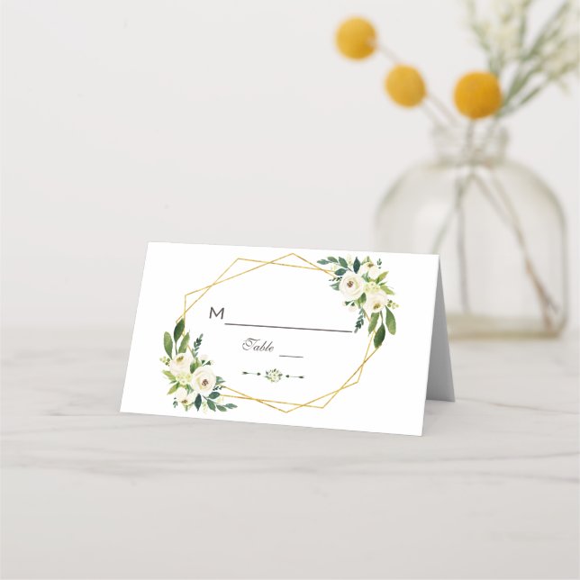Carte De Placement Elégant blanc vert Floral Gold Frame Numéro de tab (Devant)