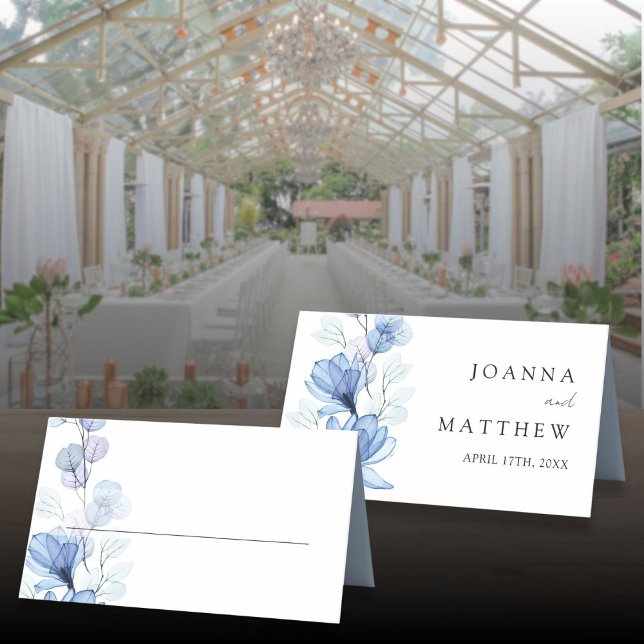 Carte De Placement Elégant bleu bleu transparent Mariage floral (Elegant Dusty Blue Transparent Floral Wedding Place Card)