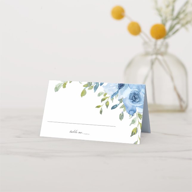 Carte De Placement Élégant bleu Floral Mariage plié (Devant)