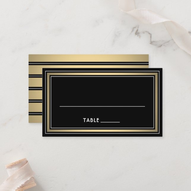 Carte De Placement Elegant Border Striped Black and Gold Escort / (Devant/Arrière en situation)
