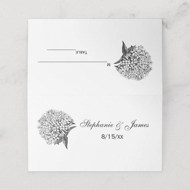 Carte De Placement Elégant Bouquet Hydrangea #2 Mariage Couple (Extérieur déplié)