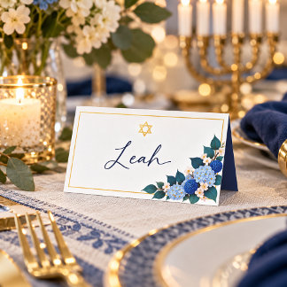 Carte De Placement Élégant Cadre Doré Hanukkah Fleurs Bleues