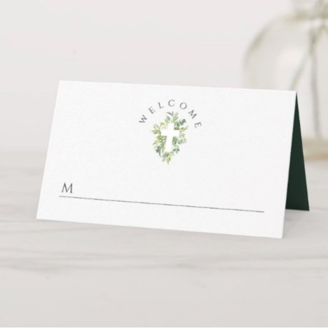 Carte De Placement Élégant culte Croix Vert Baptême botanique (Elegant Religious Cross Green Botanical Baptism Place Card)