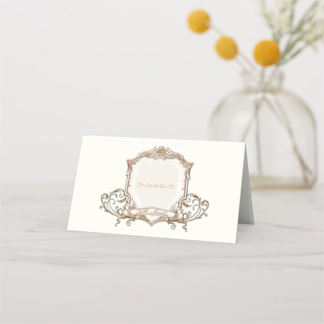 Carte De Placement Elegant Gold n ivoire Scrolls Shield Mariage Table (Devant)