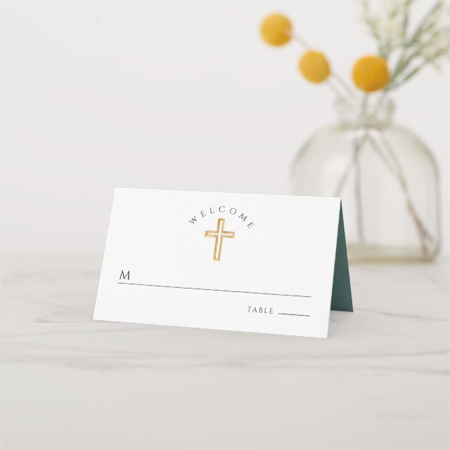 Carte De Placement Elegant Green Script Cross First Holy Communion (Devant)