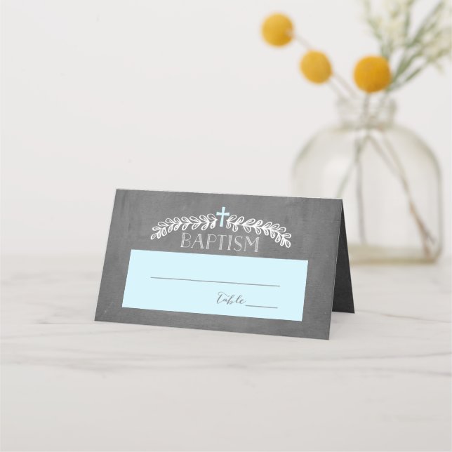 Carte De Placement Elégant Laurels Bleu | Pots Baptême Plaque (Devant)