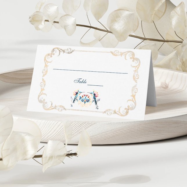 Carte De Placement Élégant Mariage baroque Bleu Mexicain (Elegant gold baroque frame with colorful Mexican floral art for a timeless wedding table.)