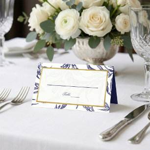 Carte De Placement Élégant Mariage botanique bleu blanc de marine