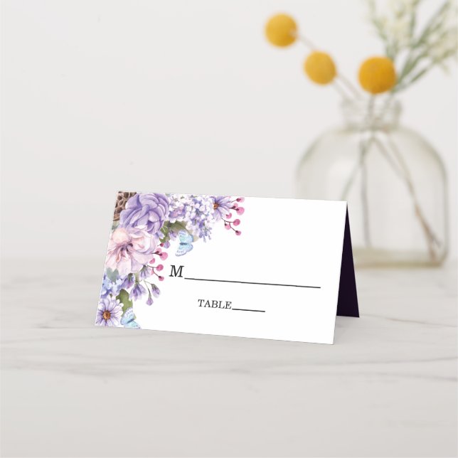 Carte De Placement Élégant Mariage d'aquarelle florale pourpre (Devant)