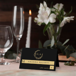 Carte De Placement Élégant Mariage de couronne de monogramme noir et