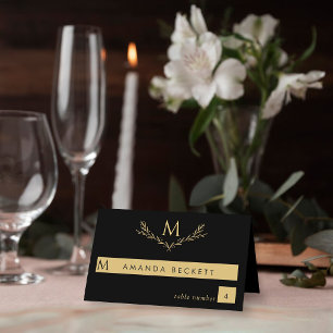 Carte De Placement Élégant Mariage de couronne de monogramme noir et