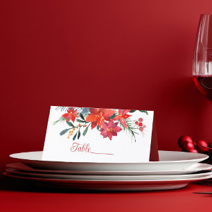 Carte De Placement Élégant Mariage de Noël Floral Rouge Poinsettia