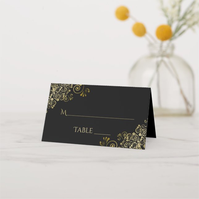 Carte De Placement Élégant mariage noir et or écriture (Dos)