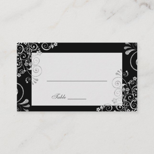 Carte De Placement Élégant Mariage noir gris argenté (Devant)