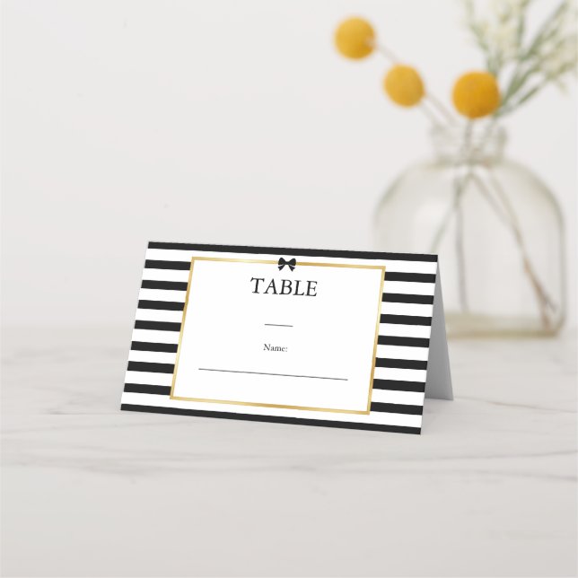 Carte De Placement Élégant Mariage Rayure Noir Blanc Cadre Doré (Devant)