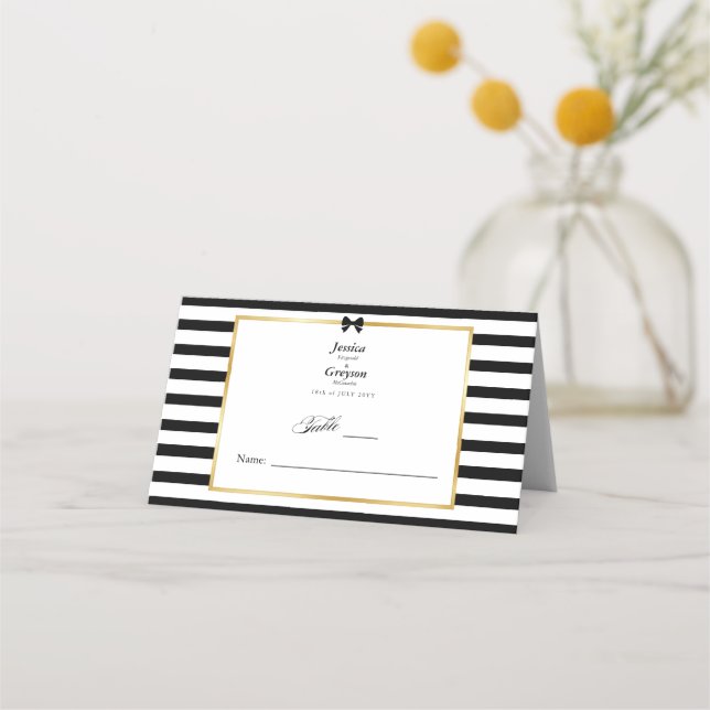 Carte De Placement Élégant Mariage Rayure Noir Blanc Cadre Doré (Devant)