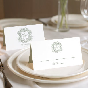 Carte De Placement Élégant Mariage Vintage Monogramme Crête Vert Saug