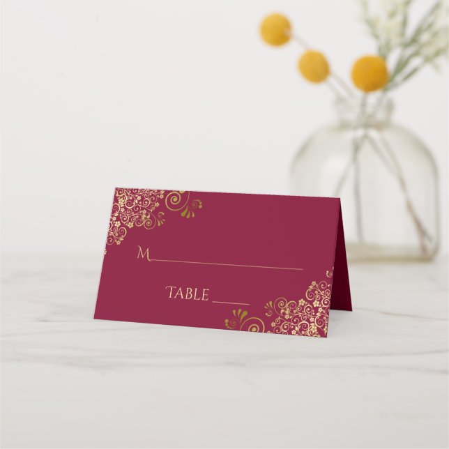 Carte De Placement Élégant Maroon Bourgogne & Mariage Gold (Dos)