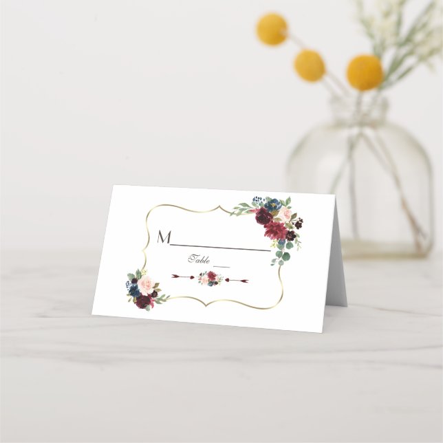 Carte De Placement Elégant Merlot d'or Marine bleu floral Numéro de t (Devant)