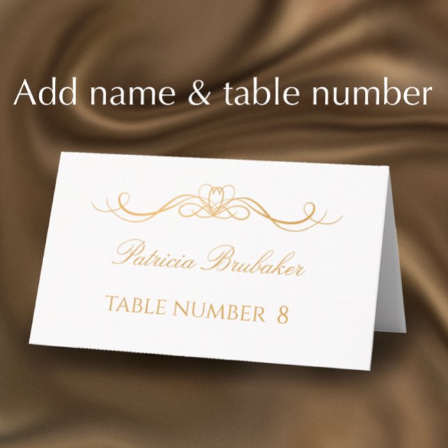 Carte De Placement Elegant Modern Gold & White Wedding Name & Table (Customize this elegant simple white and gold place card with the a name and table number.
)