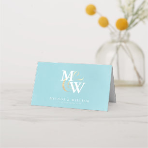 Carte De Placement Elégant Monogram Gold Sea Glass Turquoise White Ma