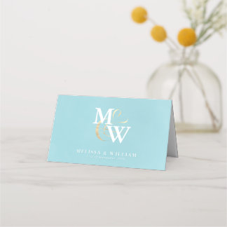 Carte De Placement Elégant Monogram Gold Sea Glass Turquoise White Ma