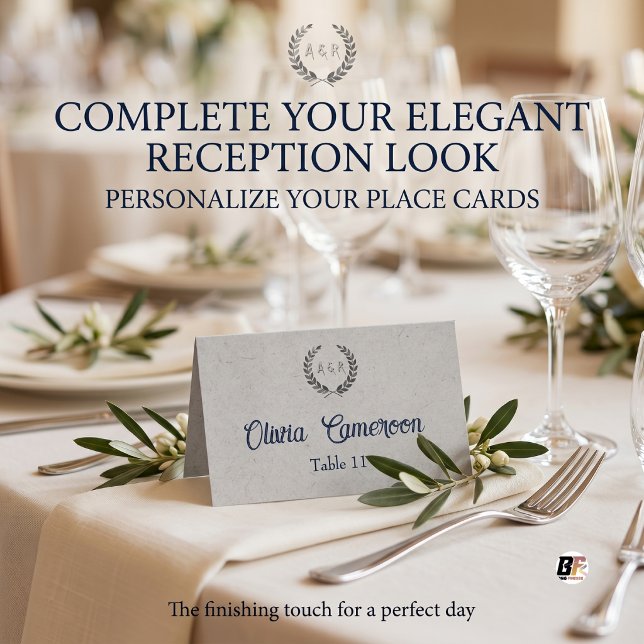 Carte De Placement Élégant Monogramme de Couronne de Laurier Minimali (#weddingparty)