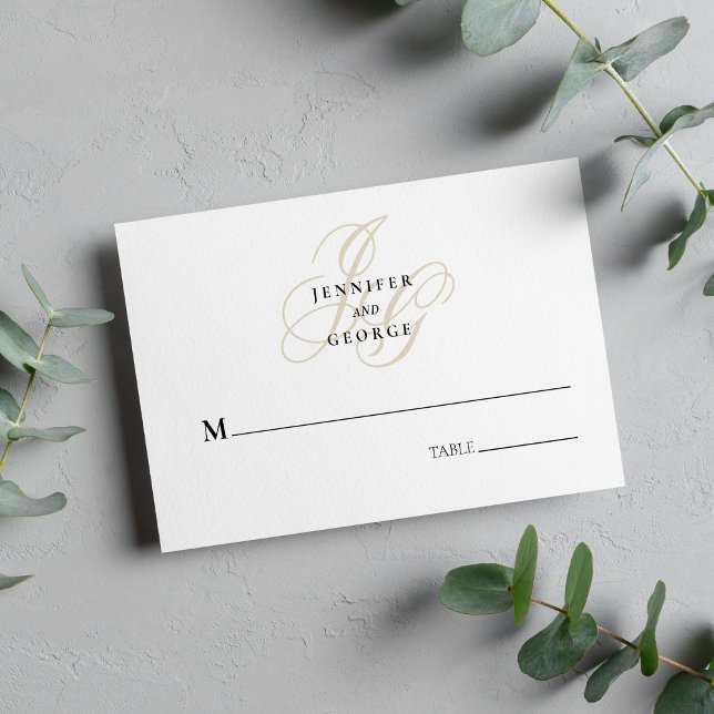 Carte De Placement Élégant monogramme initiales mariage or blanc (Elegant monogram initials white gold wedding place card )