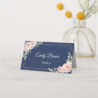 Carte De Placement Elegant Navy Blue Watercolor Floral Wedding