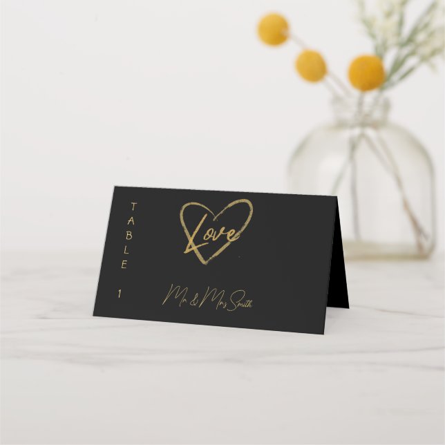 Carte De Placement Élégant noir brillant amour Mariage de coeur noir (Devant)