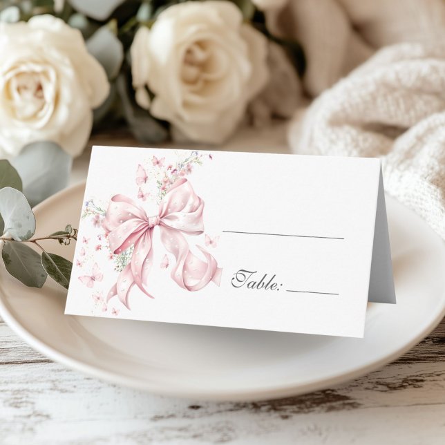 Carte De Placement Elegant Pink Bow Pearls Floral Table (Coquette Pink Bow Pearls Floral place card)