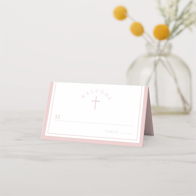 Carte De Placement Elegant Pink Religious Girl Baptism (Devant)