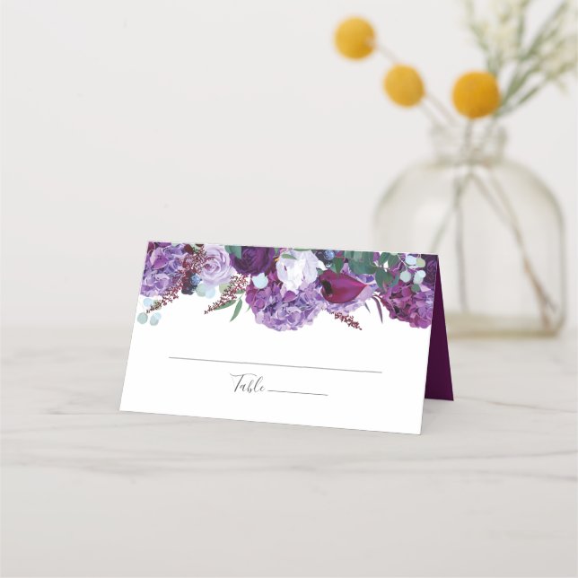 Carte De Placement Élégant Purple Floral Verdure Mariage Script (Devant)