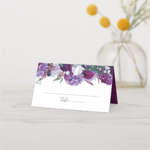 Carte De Placement Élégant Purple Floral Verdure Mariage Script