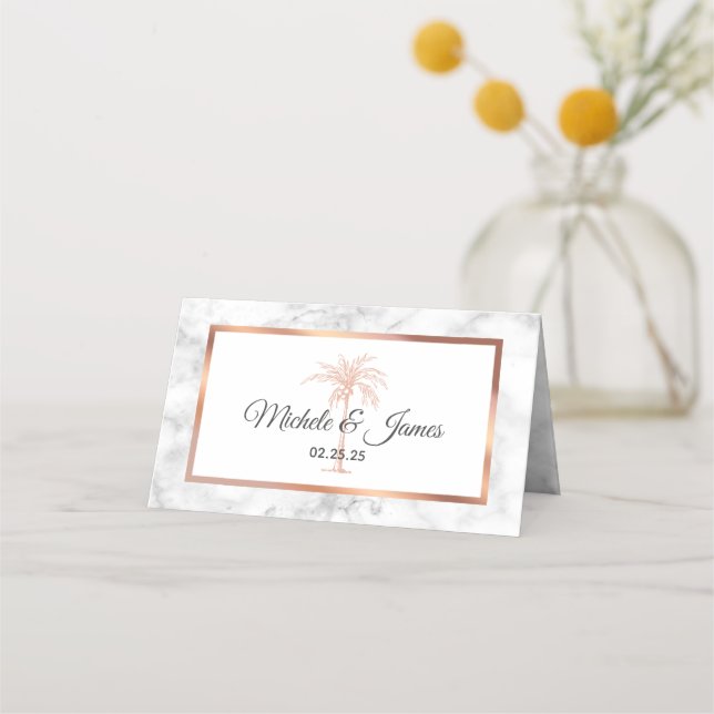 Carte De Placement Elégant Rose or cuivre Palm Tree Marble Mariage (Devant)