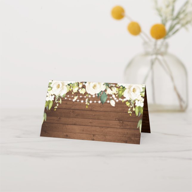 Carte De Placement Elégant Roses Blanches Dentelle Mariage en bois ru (Devant)