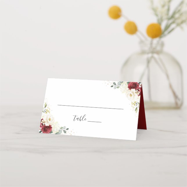 Carte De Placement Elégant Rouge Blanc Floral Mariage Table Place Car (Devant)